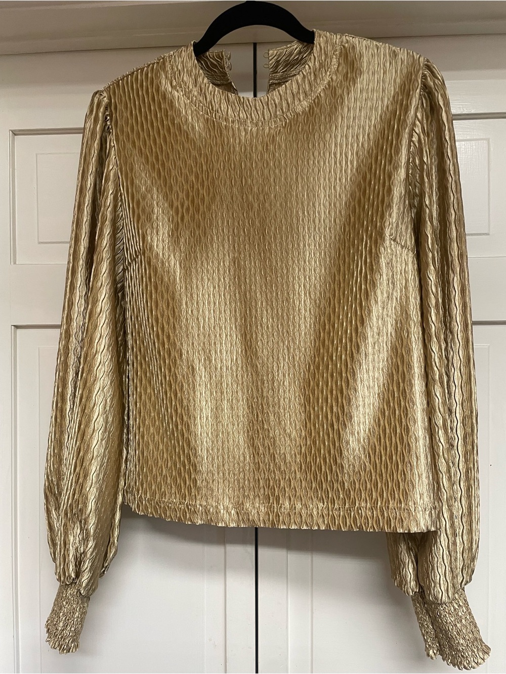 Metallic Gold Long-Sleeve Blouse - Women Tops.  Glam brand. Large
